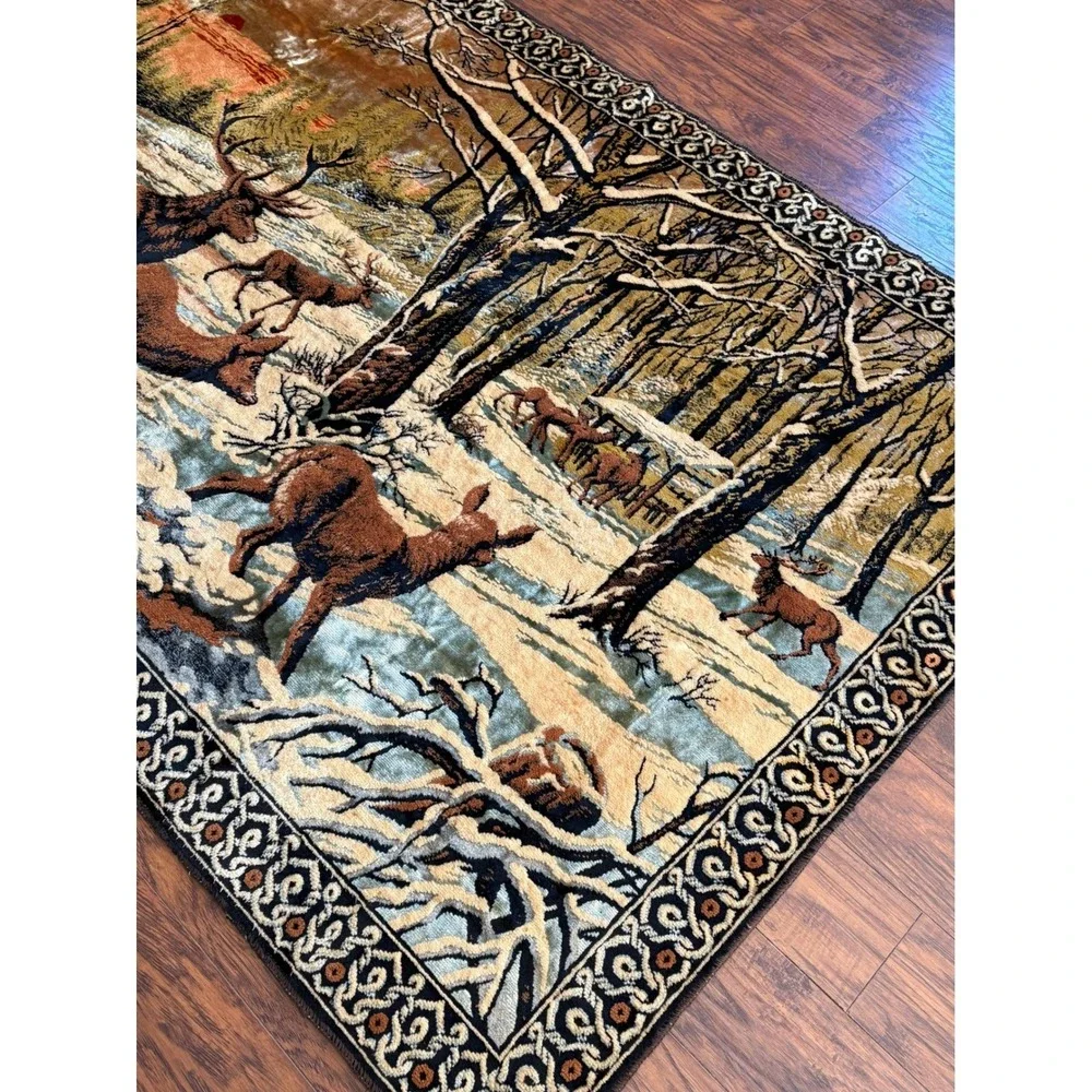 Vtg Velvet Deer Tapestry Wall Hanging Rug Buck Doe Winter Forest Scene 70 x 47" - Picture 5 of 16